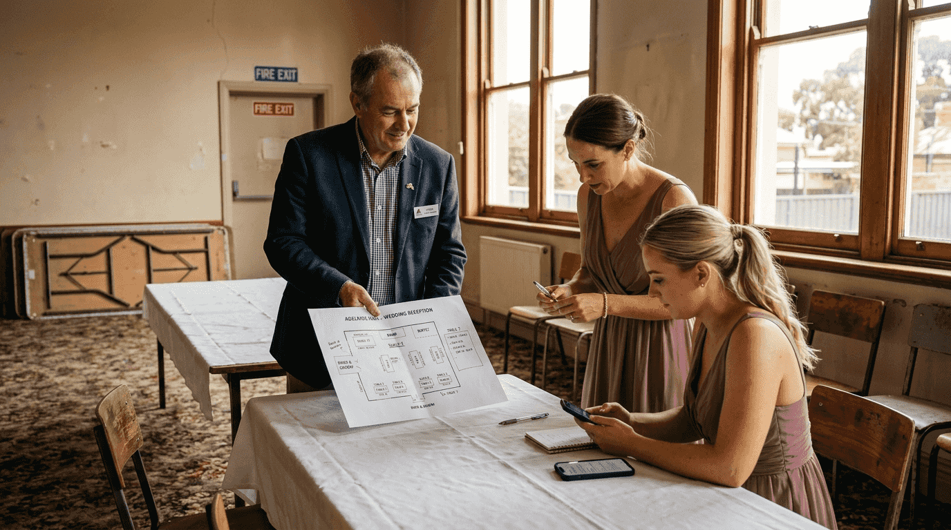 How to shortlist wedding venues in Adelaide with confidence 2 Manager reviews venue layout with guests