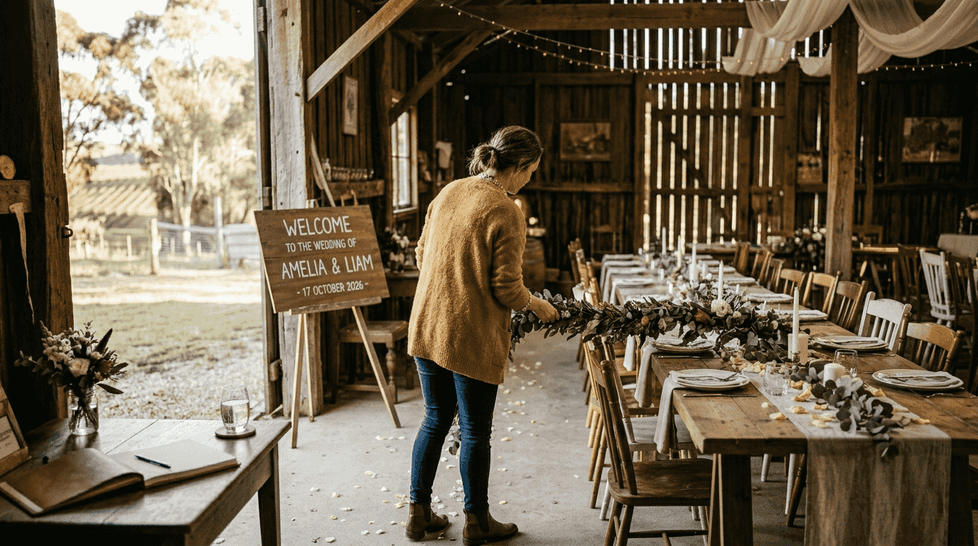 What is wedding news? A guide for engaged couples in SA 2 Rustic wedding venue coordinator arranging decorations