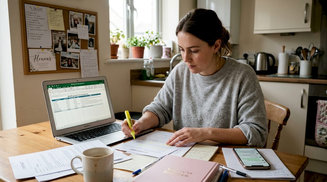 Understanding wedding venue contracts: Adelaide guide 2 Woman updating wedding fee spreadsheet at table