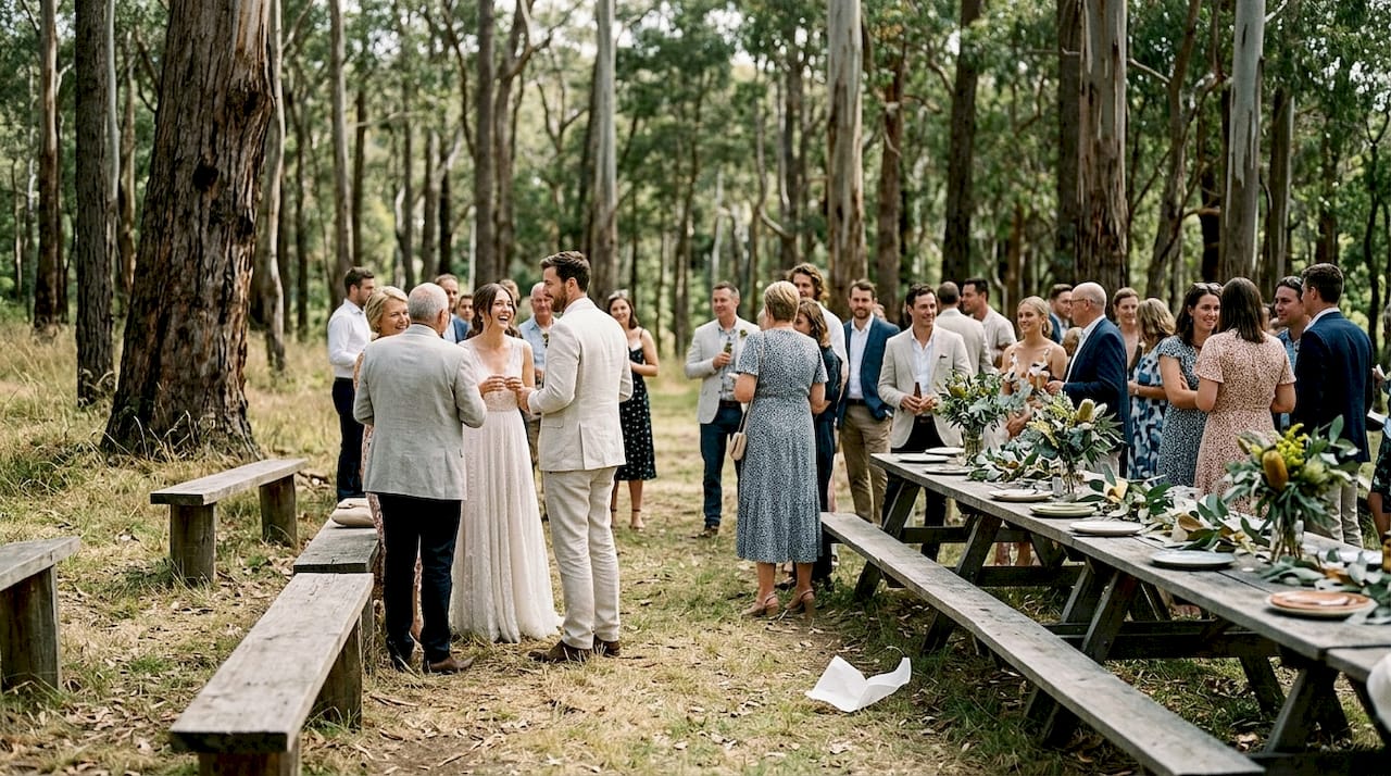 Why budget wedding venues appeal to Adelaide couples 1 Intimate wedding gathering in Adelaide Hills clearing