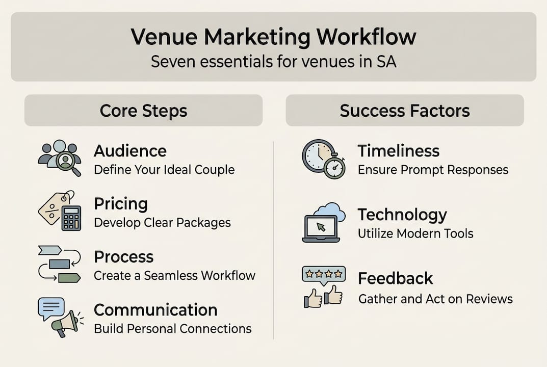 Streamline your wedding venue marketing workflow: SA guide 2 Infographic showing venue marketing workflow essentials