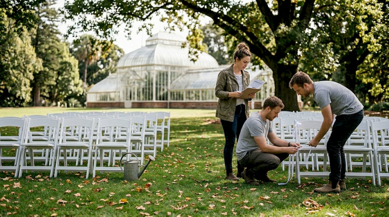 Unique wedding venues in Adelaide: 3,000-guest options 1 Staff arranging chairs at botanic garden venue