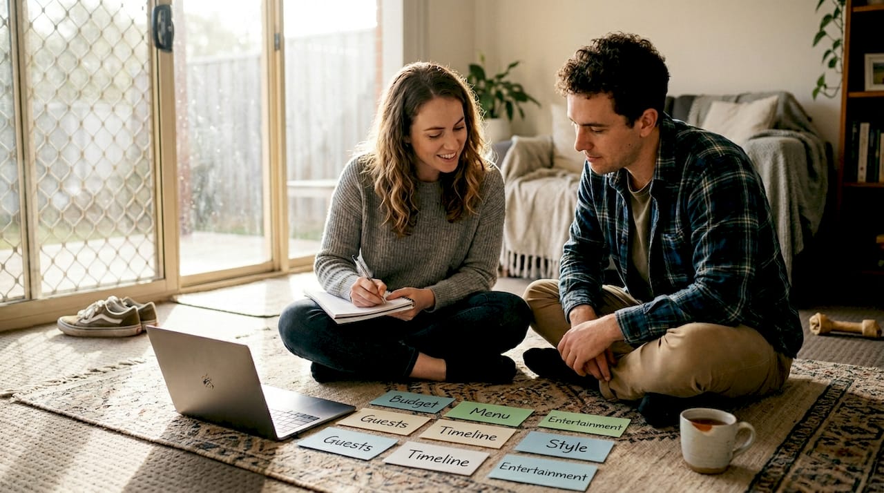 Optimise your venue search: expert tips for SA couples 1 Couple sorting wedding priorities on living room floor