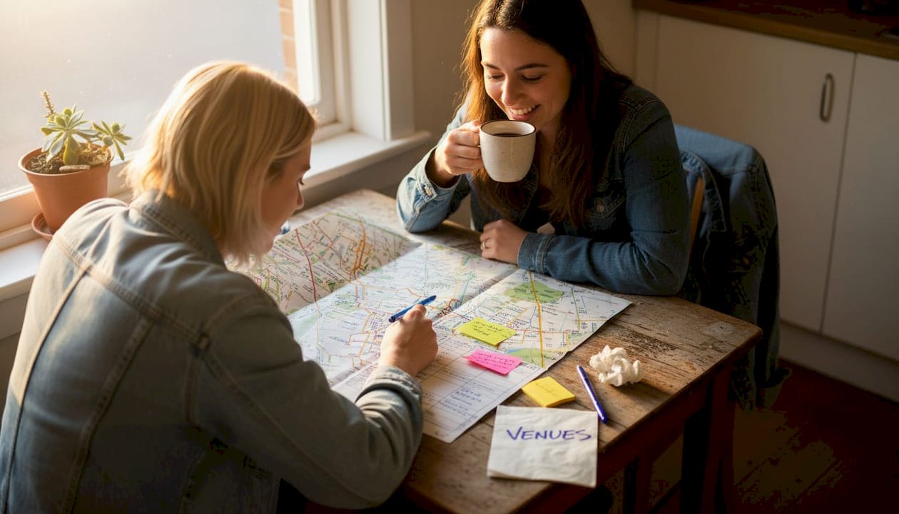 Coordinate venue tours like a pro: Adelaide wedding guide 1 Friends planning wedding venue tours with map