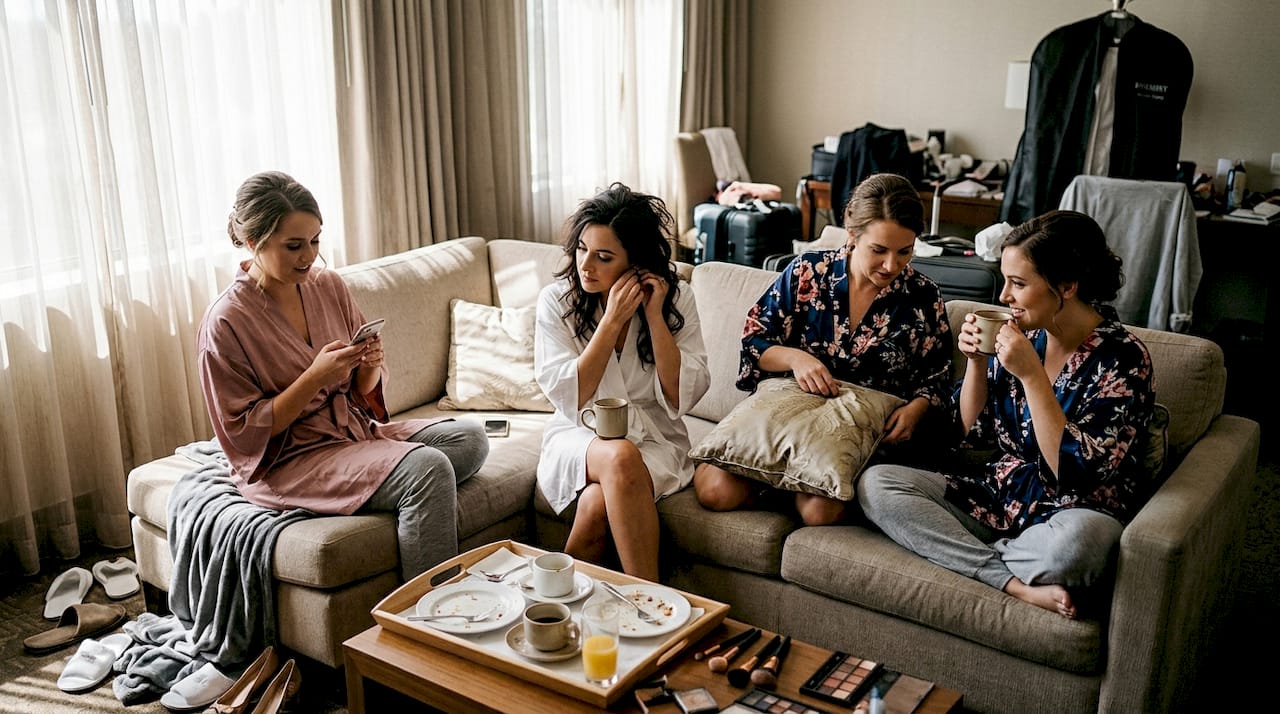 planning natural wedding portraits: candid photography tips 1 Bride and bridesmaids relaxed before wedding