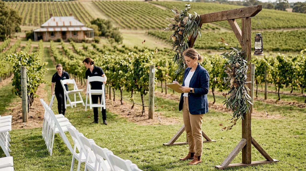 Compare wedding venues in SA: your local guide to the perfect match 1 Coordinator preparing outdoor winery wedding setting