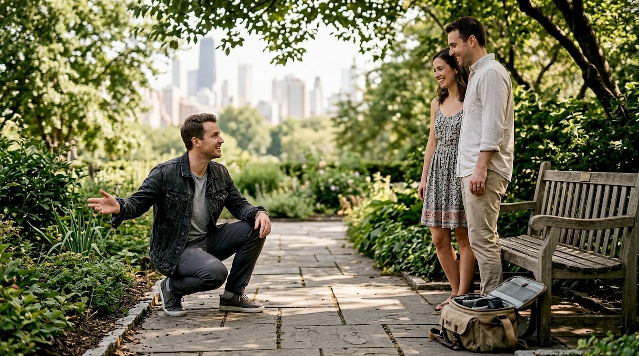 why have an engagement shoot? key benefits for aussie couples 1 Photographer directing nervous couple in city garden