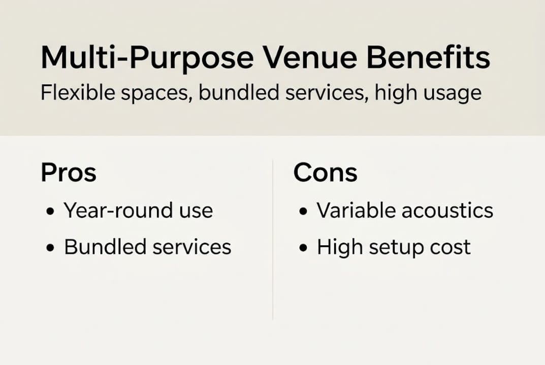 What is a multi-purpose venue? Versatile event options 2 Infographic showing venue pros and cons