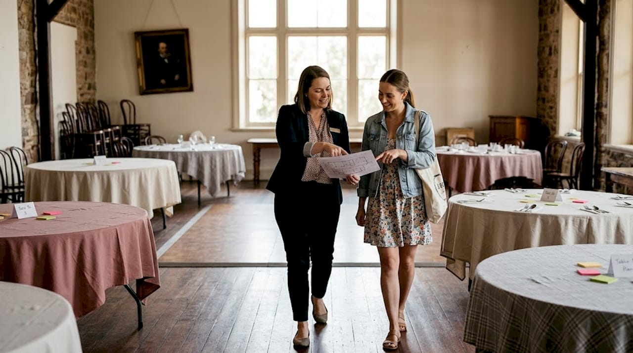 Adelaide wedding venue capacity: what couples need to know 2 Coordinator and bride discuss floor plan layout