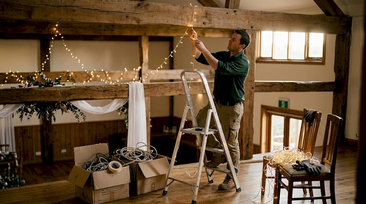 What is venue styling? Transform your wedding space 1 Worker installing wedding fairy lights overhead