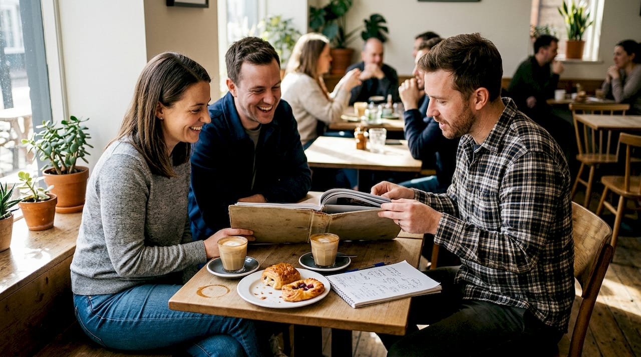 how to hire a proposal photographer: stunning shots 1 Couple meeting photographer at café table