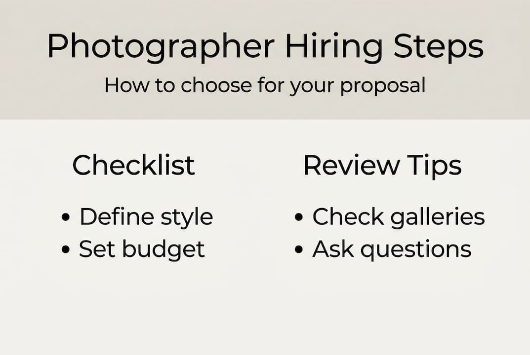how to hire a proposal photographer: stunning shots 2 Infographic outlining proposal photographer hiring steps
