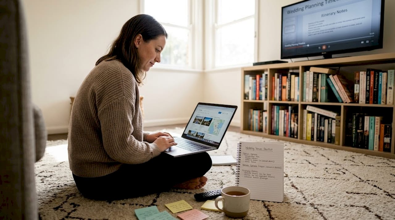 Venue booking timeline for a stress-free SA wedding 1 Woman researching wedding venues at home