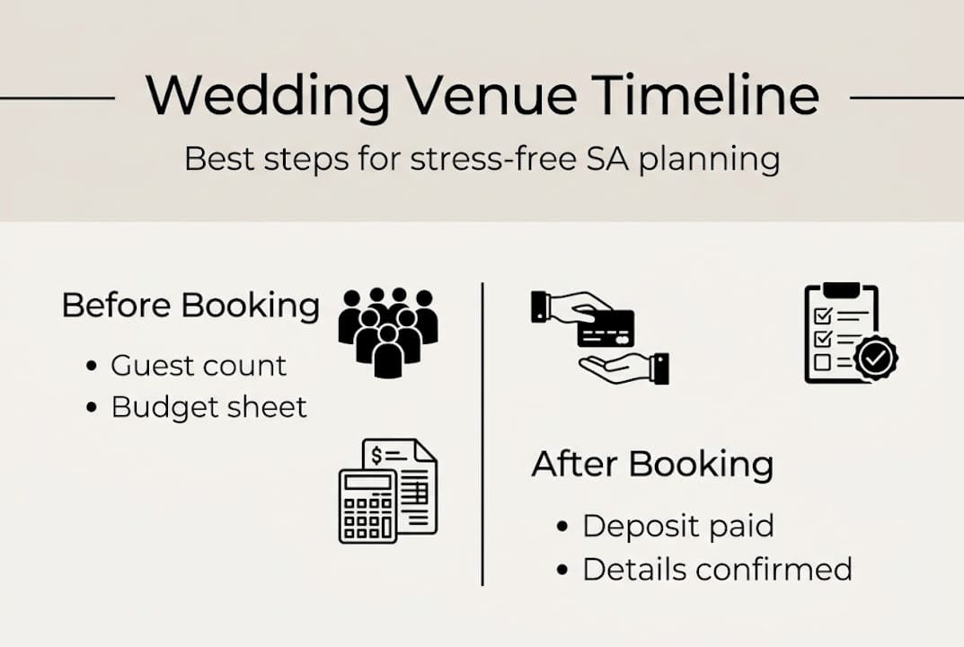 Venue booking timeline for a stress-free SA wedding 2 Infographic of SA wedding venue timeline steps