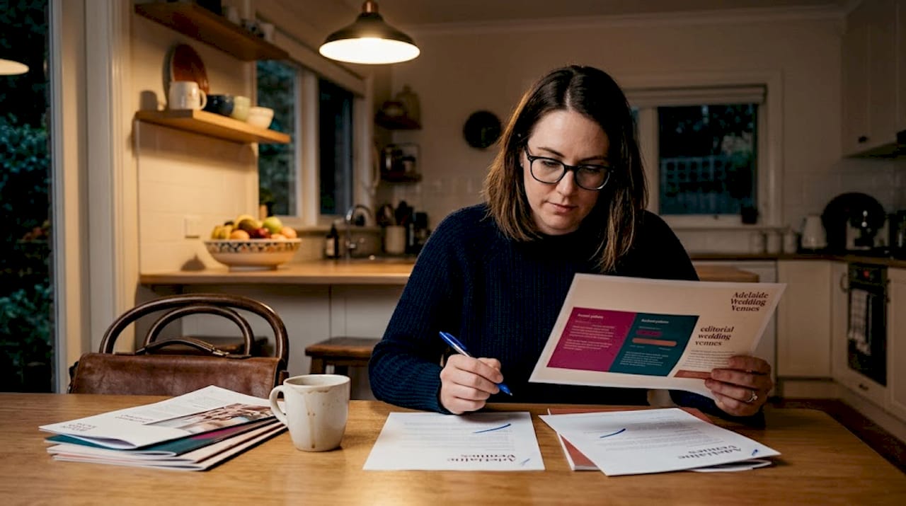 How to negotiate venue contracts for your SA wedding 2 Woman reviewing venue contract at kitchen table