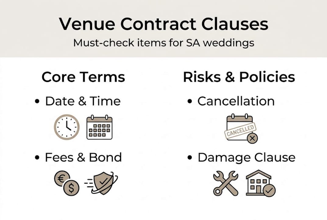 How to negotiate venue contracts for your SA wedding 1 Infographic showing key wedding venue contract clauses