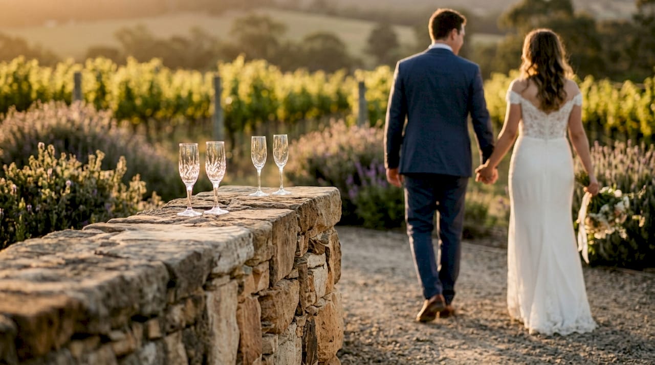 creative and fun wedding photo ideas every aussie couple will love 8 Couple walking candidly in vineyard at sunset