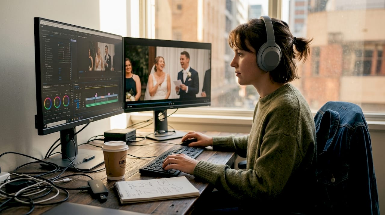 wedding videographer roles explained for your adelaide film 5 Editor working on wedding film footage