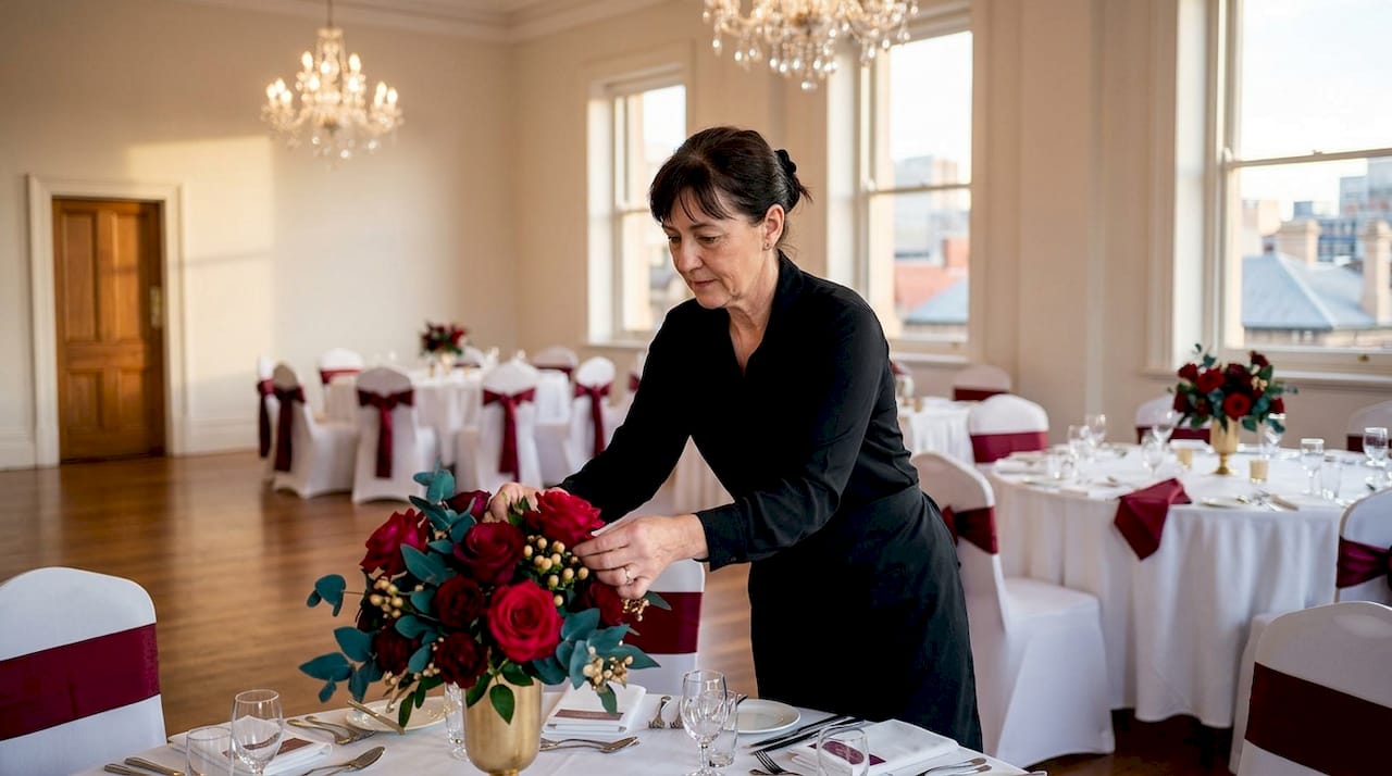 Understand wedding venue categories for your Adelaide day 1 Catering staff preparing hotel wedding ballroom