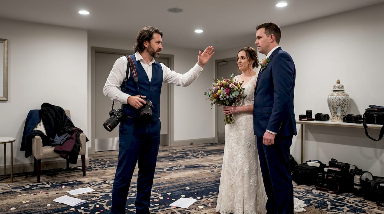 what is candid wedding photography and why it matters 2 Photographer guiding couple in posed wedding shot