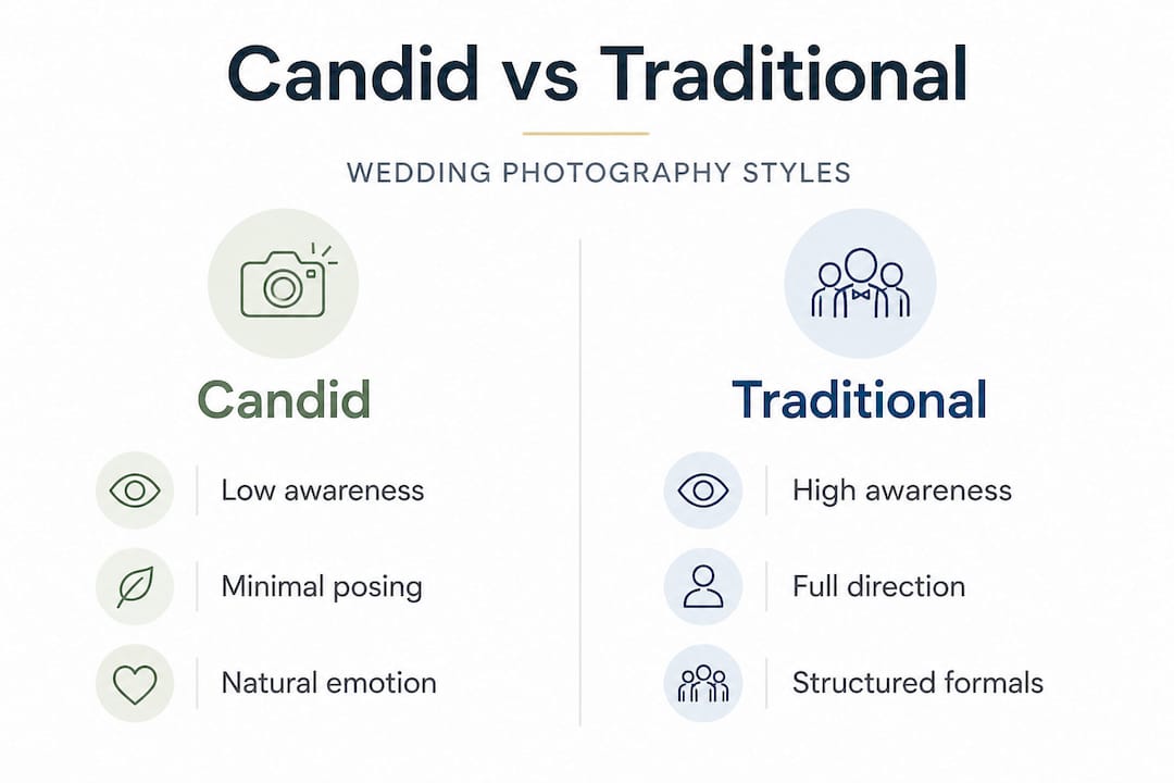 what is candid wedding photography and why it matters 3 Infographic comparing candid and traditional wedding photography