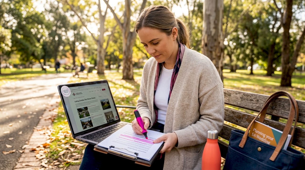 Venue profiles explained: make smarter Adelaide venue choices 2 Woman reviewing venue listing in park with laptop