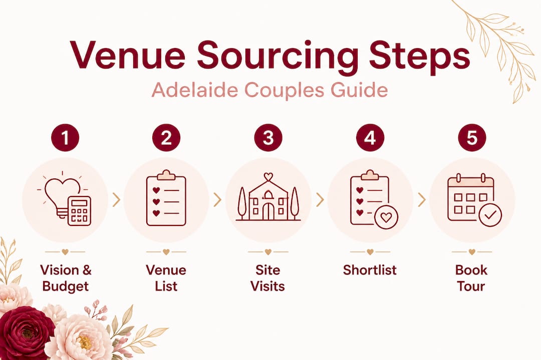 How to source your perfect Adelaide wedding venue 1 Infographic visualising venue sourcing steps in Adelaide