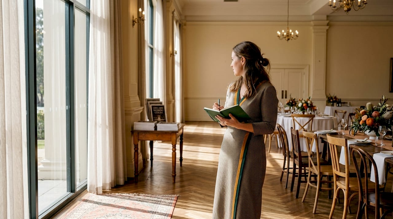 How to schedule venue tours in Adelaide for your wedding 2 Bride taking notes at venue tour