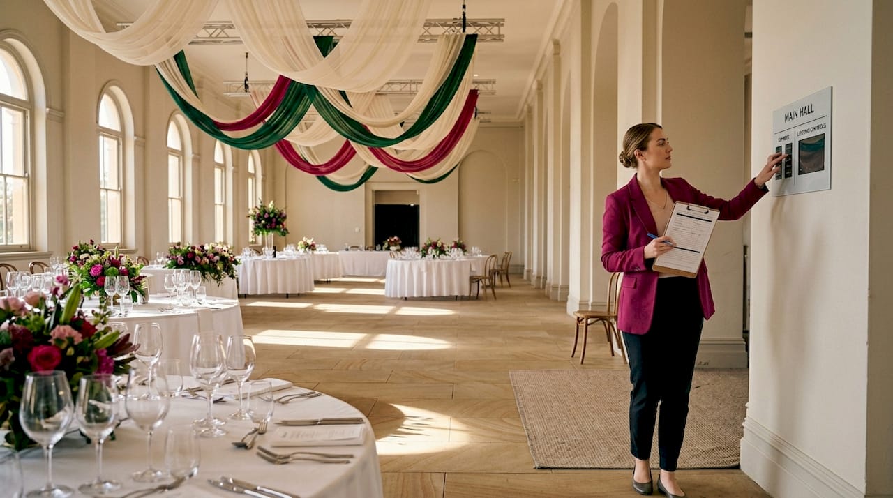 Top wedding trends shaping Adelaide weddings in 2026 1 Coordinator checking immersive wedding venue setup