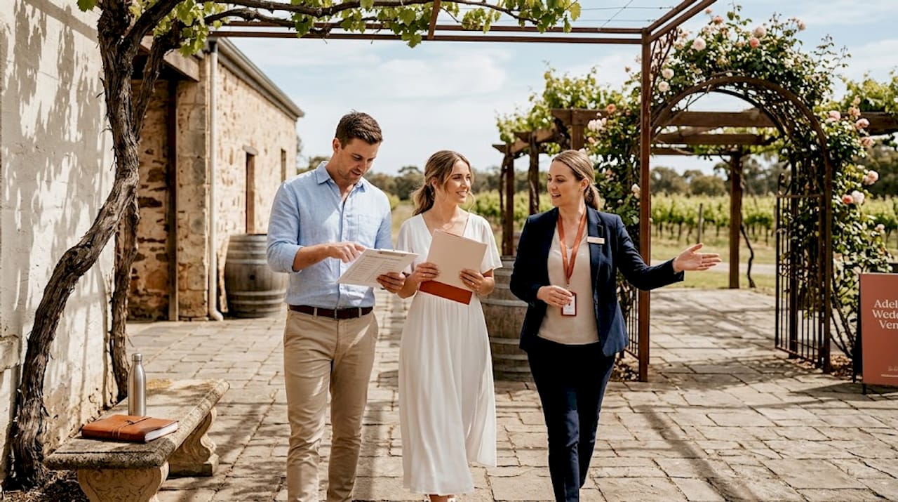 Creative ways to boost wedding venue exposure in SA 1 Couple touring rustic vineyard wedding venue