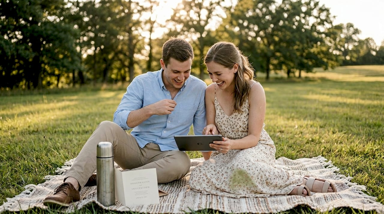 capture your 2026 love story: top wedding photography trends 2 Couple reviewing wedding photos in park
