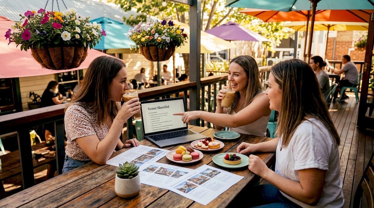 Why book a wedding venue early? Secure your Adelaide date 1 Friends comparing Adelaide wedding venues in café