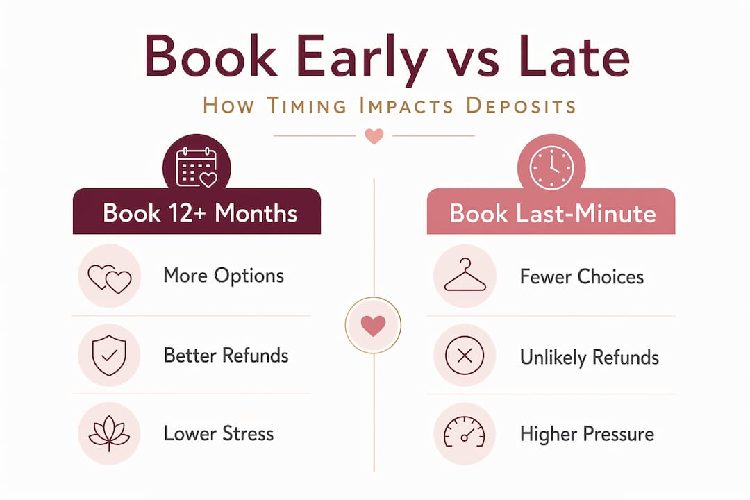 Why book a wedding venue early? Secure your Adelaide date 2 Infographic comparing early and late wedding booking