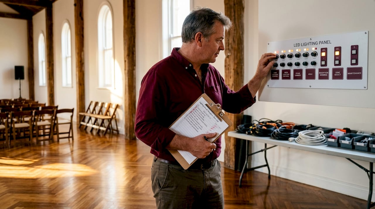 Cost-saving strategies for SA wedding venues 1 Manager inspects venue LED lighting upgrades