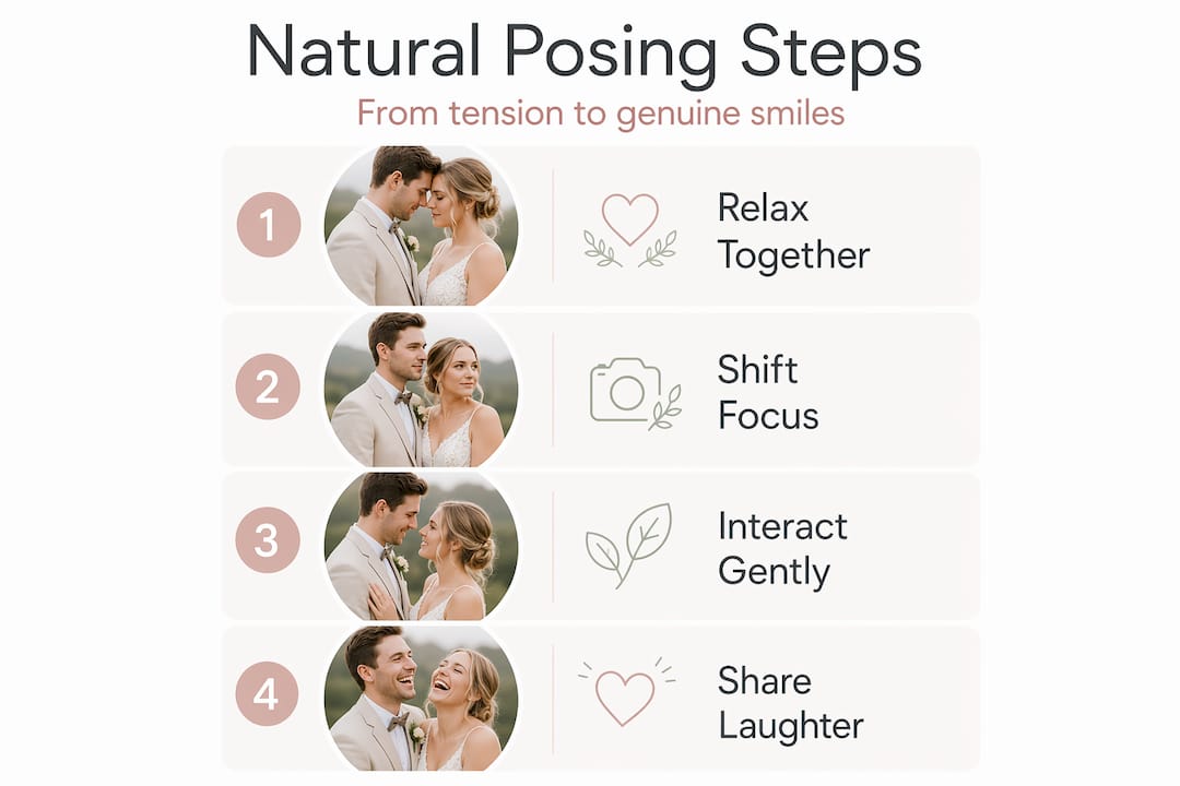 how to pose naturally for wedding photos 3 Four-step infographic on posing naturally for wedding photos