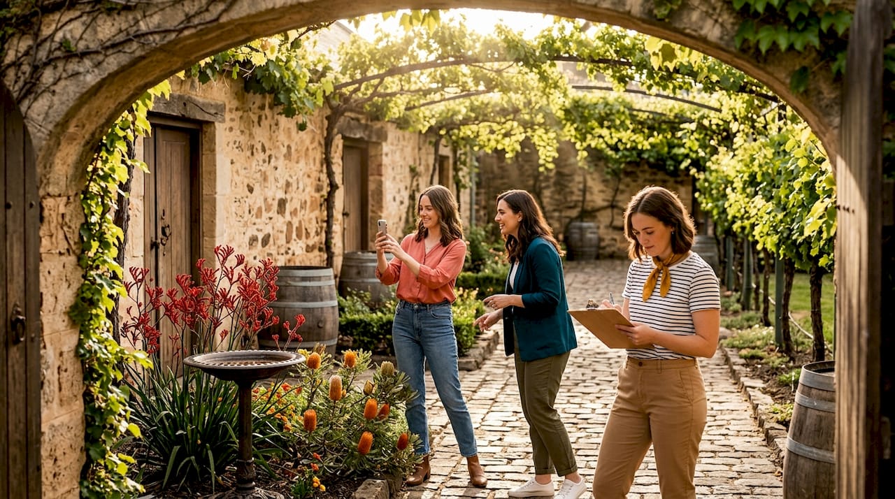Why compare venue styles: your South Australian guide 1 Friends touring historic wedding venue interior