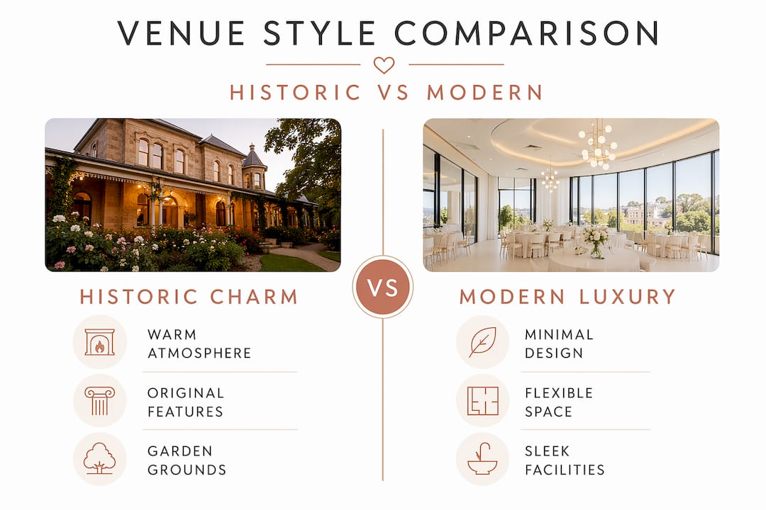 Why compare venue styles: your South Australian guide 2 Infographic comparing historic charm and modern luxury venues