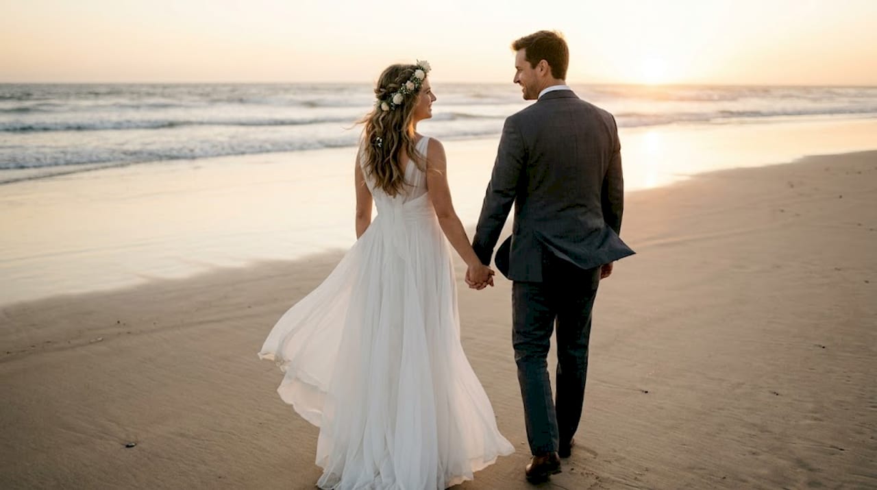 how to create your wedding photo timeline 12 Wedding couple walking at sunset outdoors
