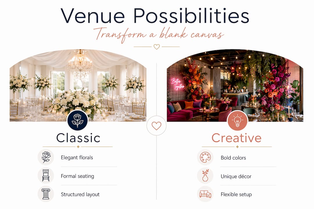 What is a blank canvas venue? Your planning guide 2 Infographic comparing classic and creative venue styles