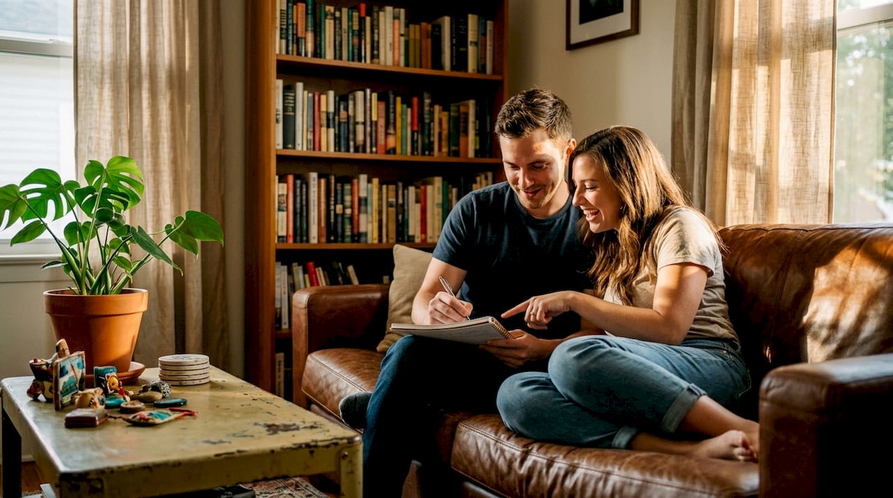 the real role of engagement sessions for couples 1 Engaged couple planning in home living room