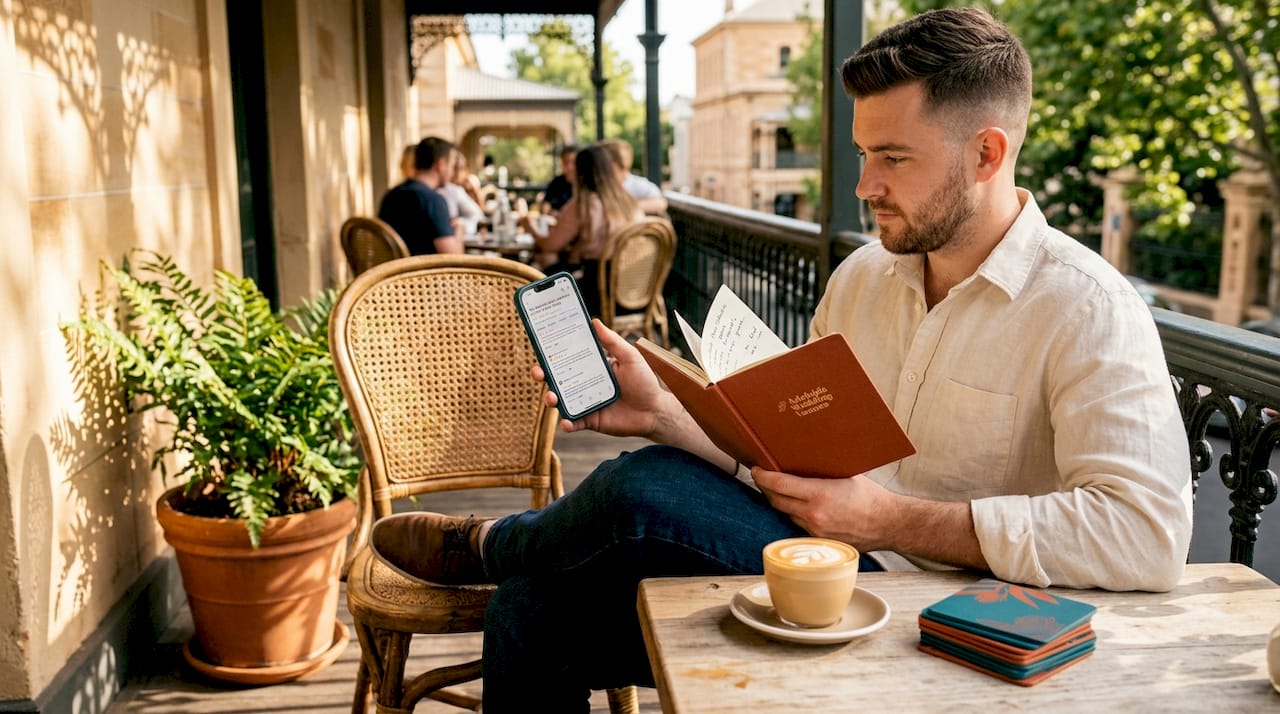 How to analyse venue reviews for your big day 2 Man comparing venue reviews on balcony