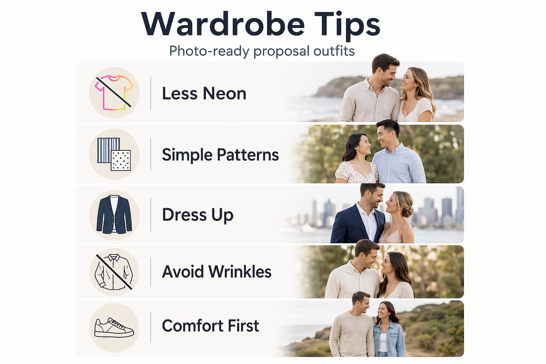 your proposal photoshoot guide: plan it perfectly 1 Infographic showing wardrobe tips for proposal photos