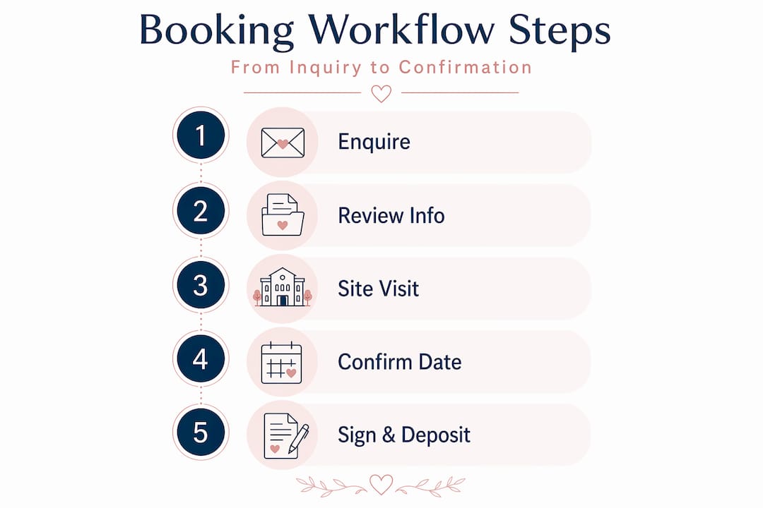 Venue booking workflow: a practical guide for couples 1 Infographic showing venue booking workflow steps