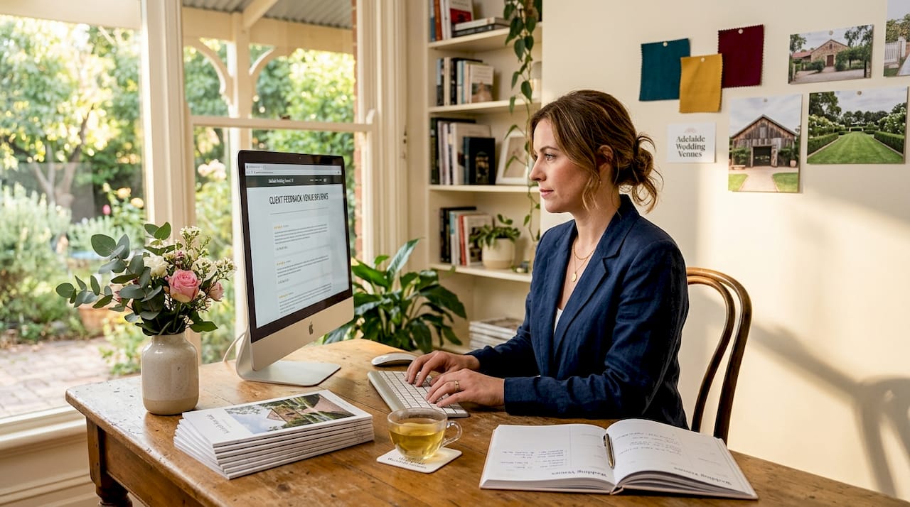 The role of venue reviews in wedding planning 1 Wedding planner analyzing venue feedback on computer