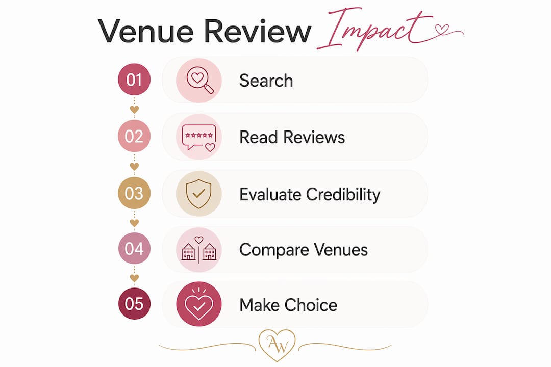The role of venue reviews in wedding planning 2 Infographic illustrating wedding venue review influence steps