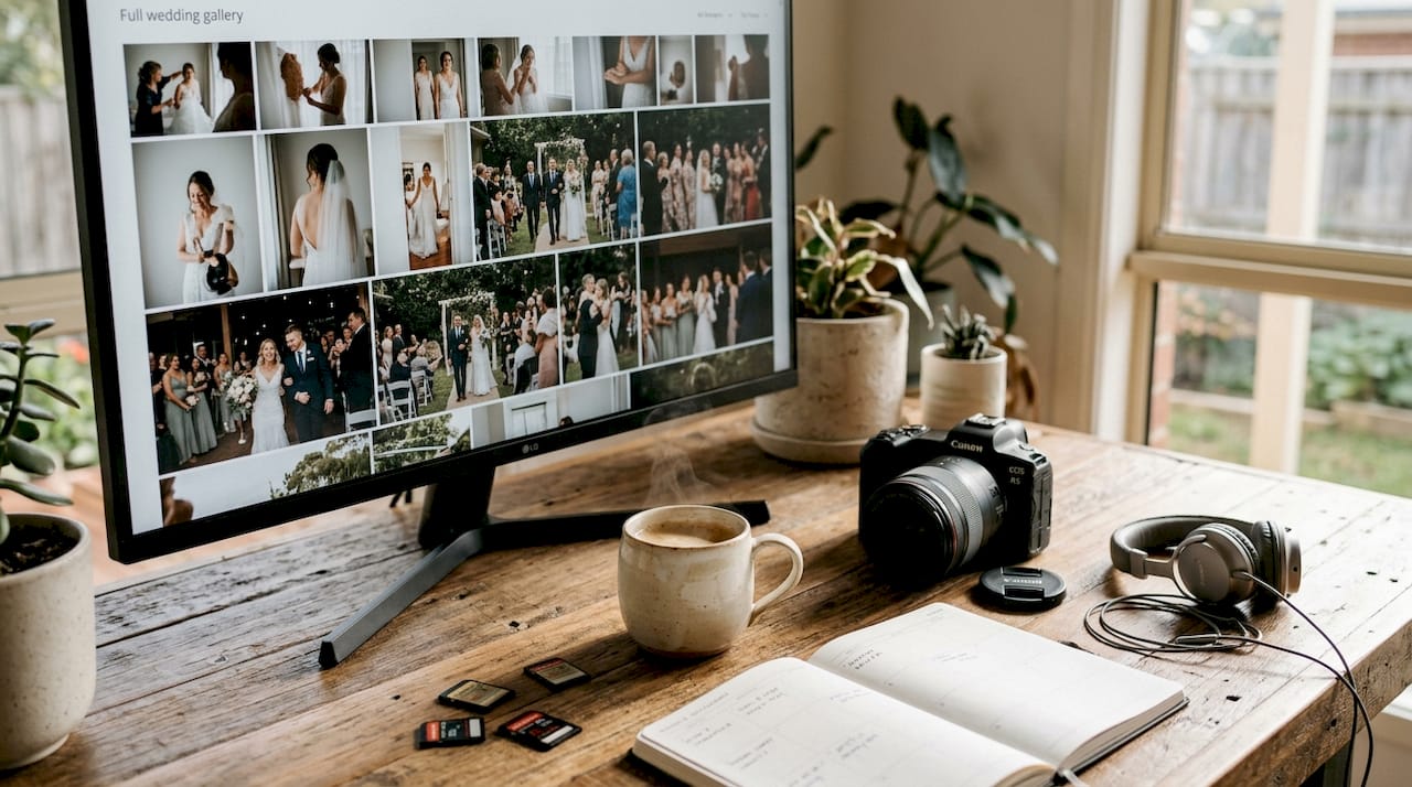 what is a wedding portfolio? a couple's guide 1 Photographer's desk showing full wedding gallery on screen