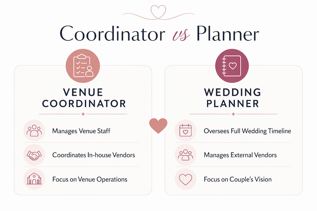 The role of venue coordinators at your wedding 2 Infographic comparing venue coordinators and wedding planners