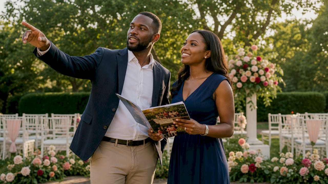 The role of venue reputation in wedding planning 2 Engaged couple touring wedding venue interior