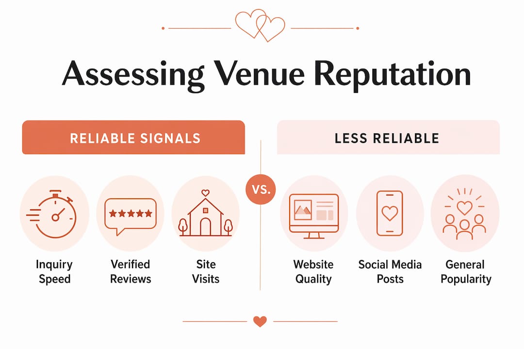 The role of venue reputation in wedding planning 1 Infographic comparing reliable vs less reliable venue reputation signals