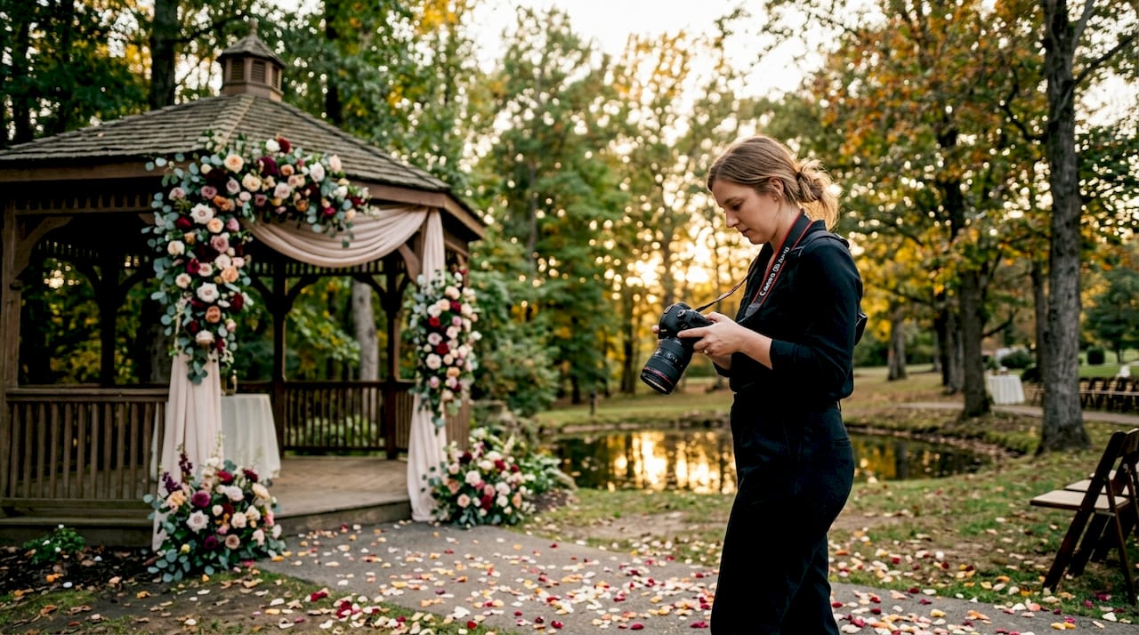 Why partner with photographers for your wedding 1 Wedding photographer adjusting camera settings outdoors